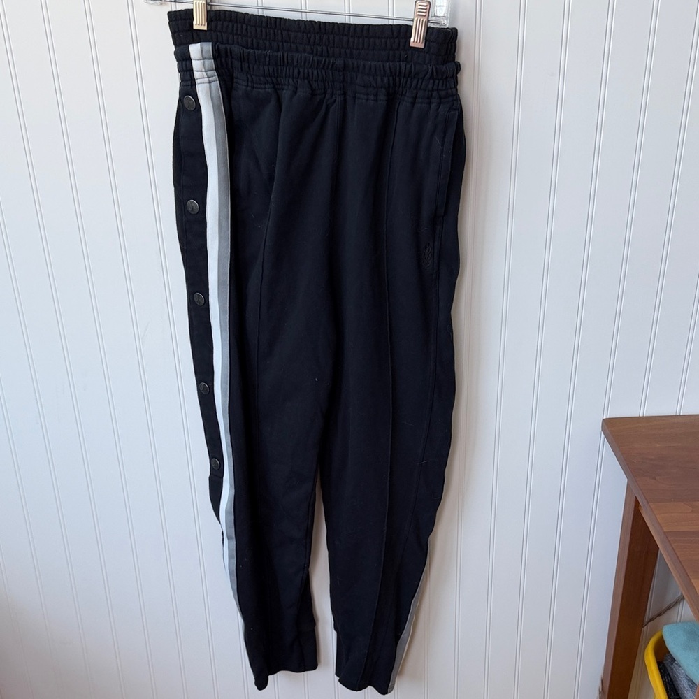 (203) Free People Black Track Joggers with White Side Stripe and Snap Buttons